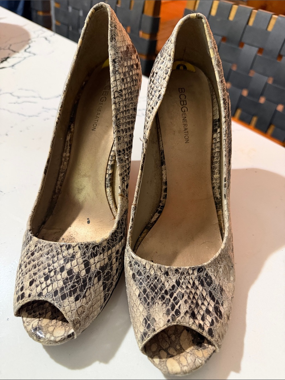 BCBGeneration Taupe Snake-Print Peep Toe Heels
